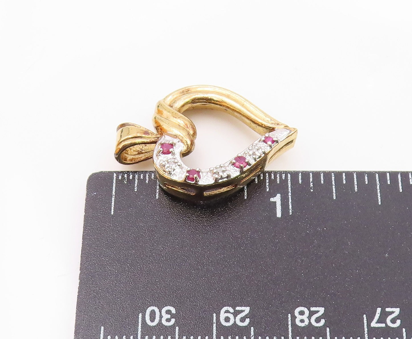 925 Sterling Silver  Vintage Genuine Diamond & Ruby Heart Pendant  PT15771