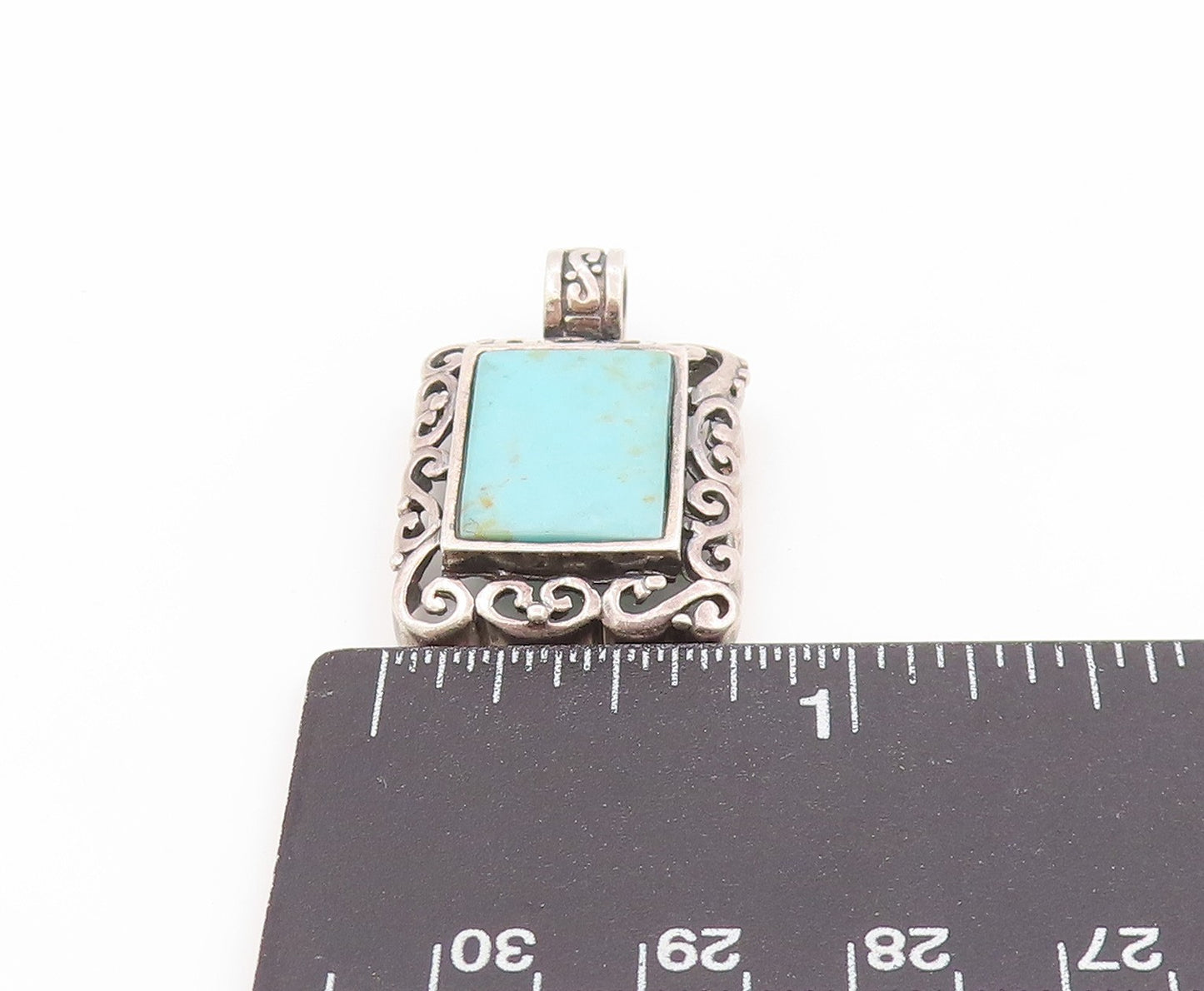 925 Sterling Silver Vintage Pendant Blue Turquoise Rectangle Scrollwork  PT25827