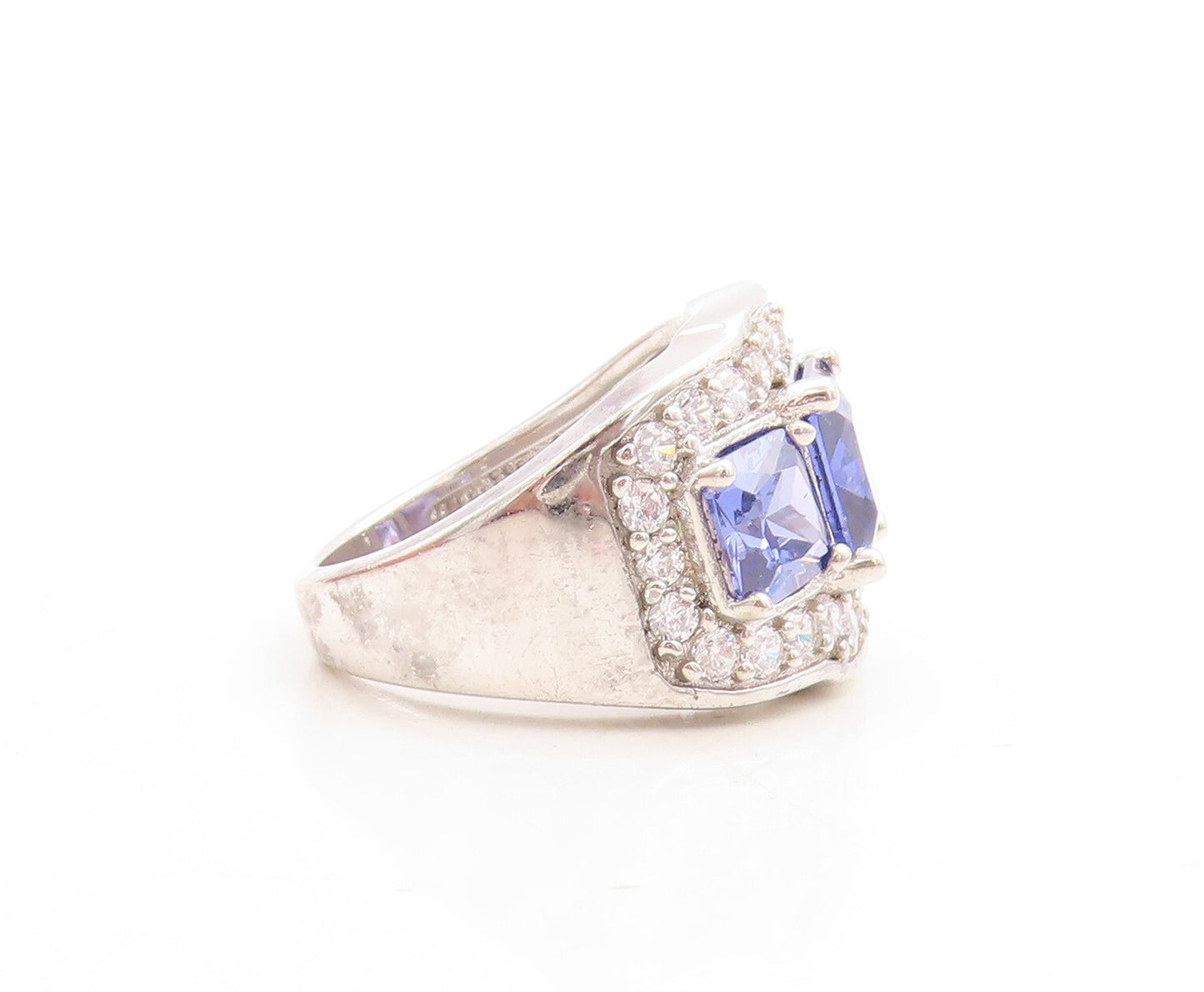 925 Sterling Silver Vintage Ring Square Sapphire Halo CZ Inlay  Sz 7  RG30113