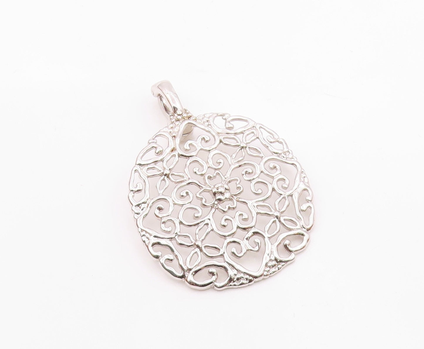 925 Sterling Silver  Vintage Shiny Floral Love Heart Pattern Pendant  PT19098