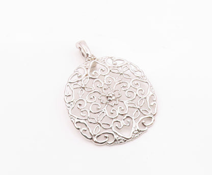 925 Sterling Silver  Vintage Shiny Floral Love Heart Pattern Pendant  PT19098