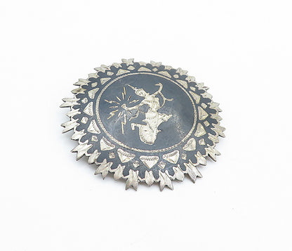 SIAM 925 Sterling Silver  Vintage Niello Dancer Round Brooch Pin  BP2462