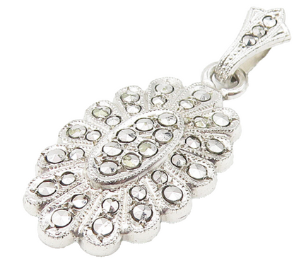 925 Sterling Silver  Vintage Sparkling Floral Motif Drop Pendant  PT9275