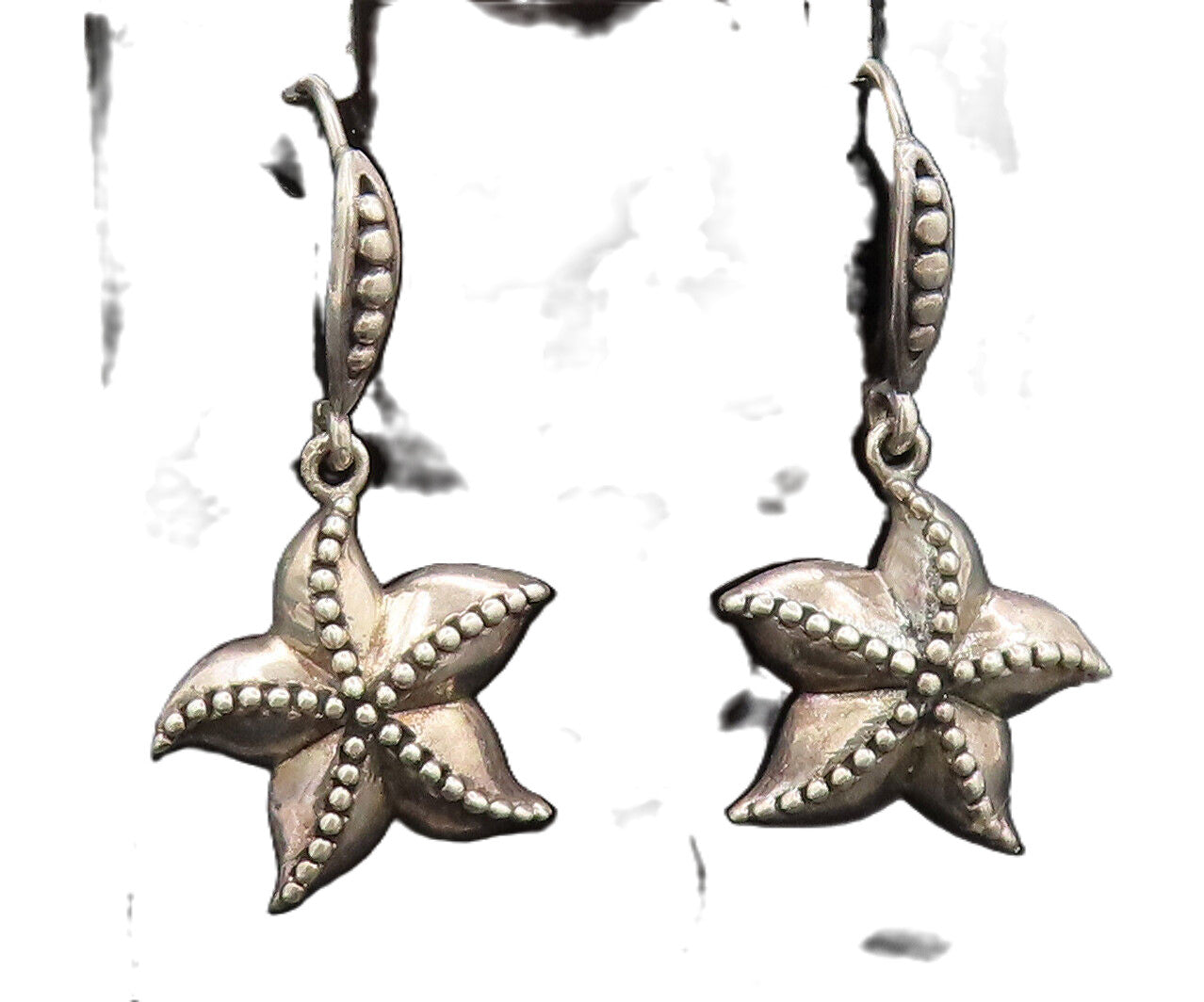 925 Sterling Silver  Vintage Solid Cutout Beaded Starfish Earrings  EG12765