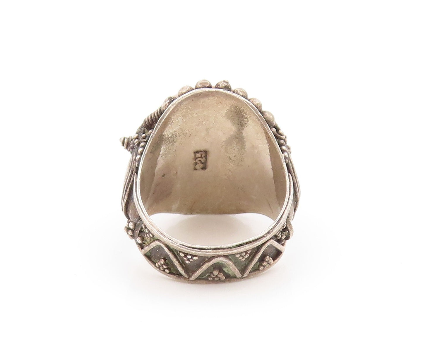 925 Sterling Silver Vintage Ring Dark Tone Carved Cabochon Amber  Sz 6  RG31883