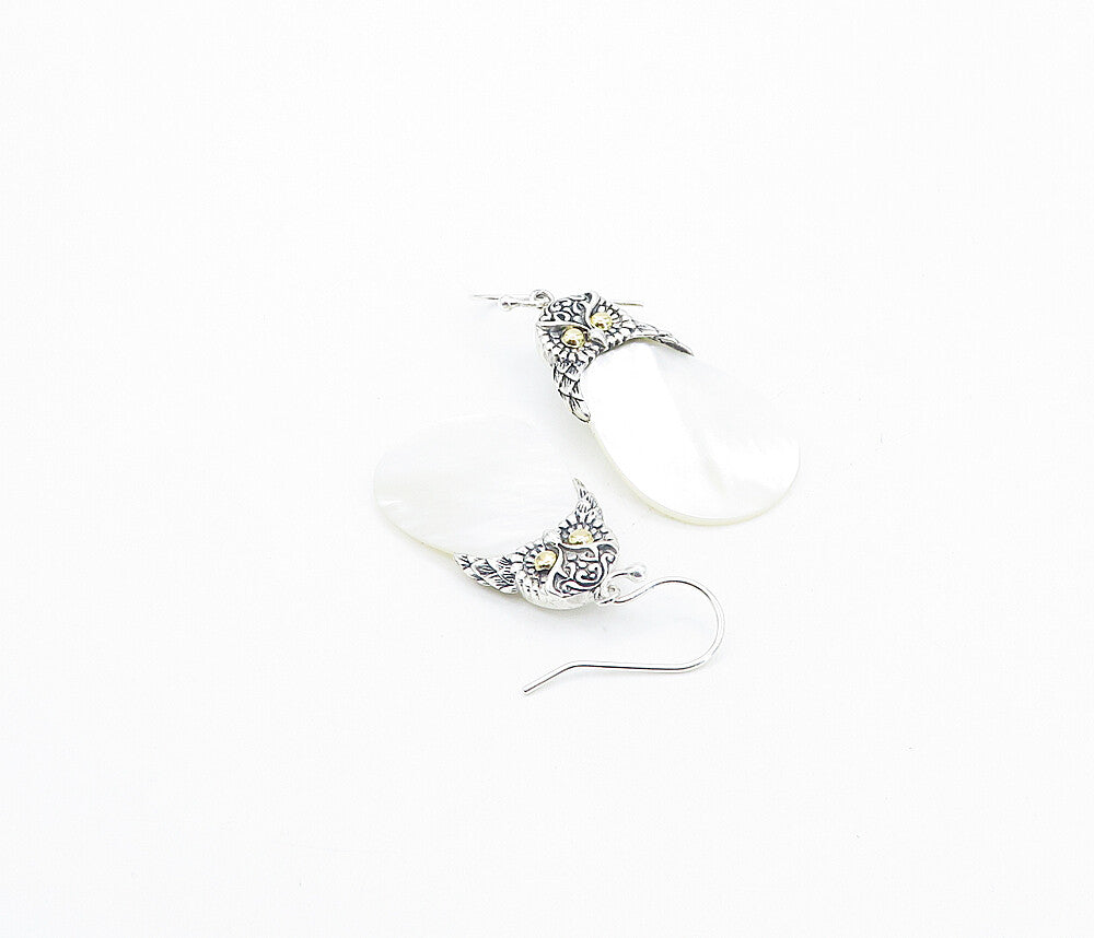 925 Silver & 18K GOLD  Mother Of Pearl Two Tone Owl Dangle Earrings  EG3114