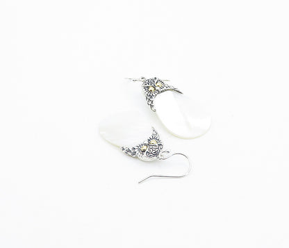 925 Silver & 18K GOLD  Mother Of Pearl Two Tone Owl Dangle Earrings  EG3114