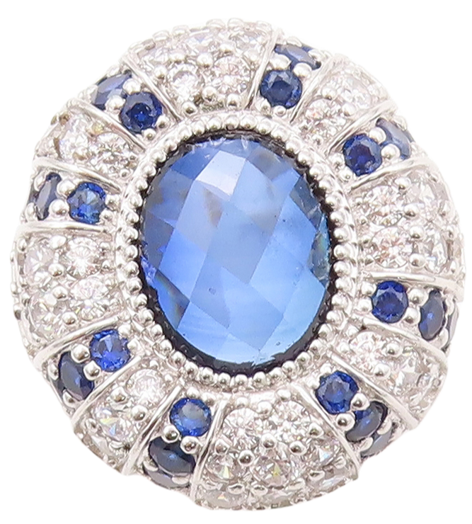 925 Sterling Silver Vintage Ring Designer Oval Sapphire & CZ Inlay Sz 7  RG30783