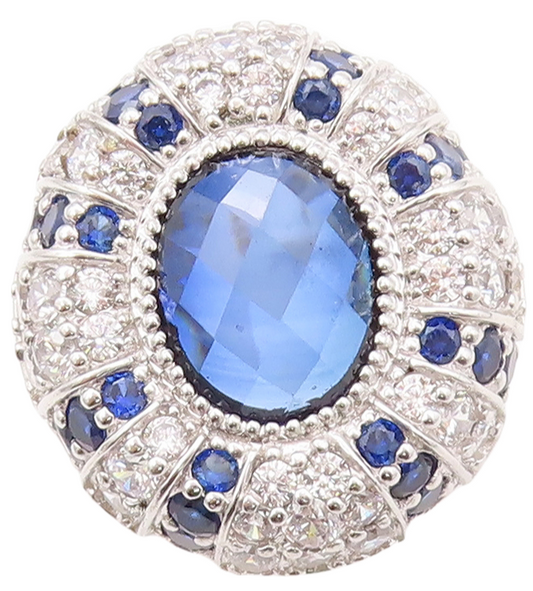 925 Sterling Silver Vintage Ring Designer Oval Sapphire & CZ Inlay Sz 7  RG30783