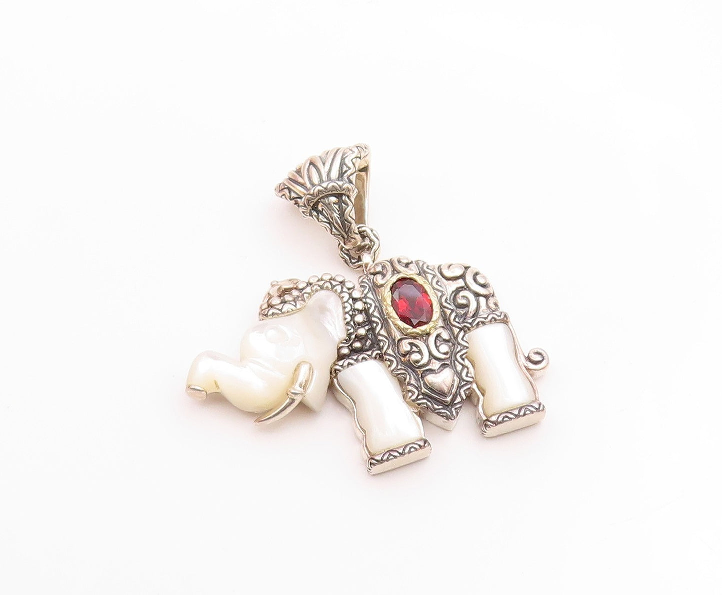 BIXBY 925 Silver & 18K GOLD Vintage Mother Of Pearl & Garnet Pendant  PT13187