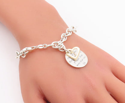 925 Sterling Silver Vintage Bracelet Ring Chain Cutout Heart & Message  BT10643
