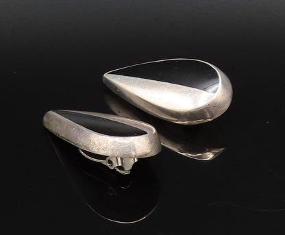MEXICO 925 Silver  Vintage Half Enamel Pear Shaped Clip Back Earrings  EG12200