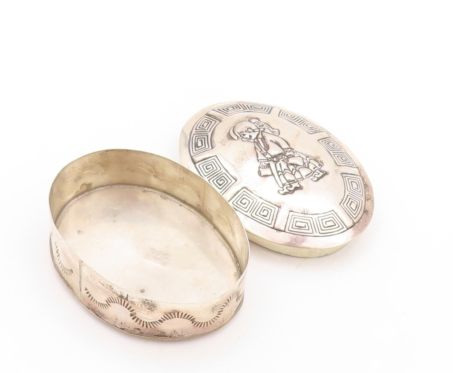 925 Sterling Silver Vintage Pill Box RTT NAVAJO Carved Girl (OPENS)  TR3793