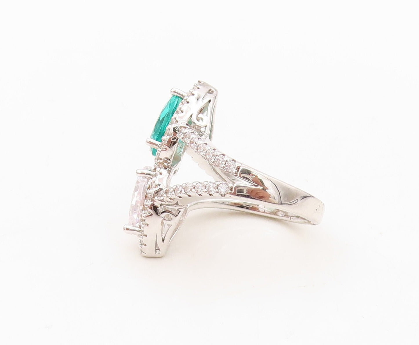 925 Sterling Silver Vintage Ring Designer Drop Sea Green & White CZ Sz 7 RG30410