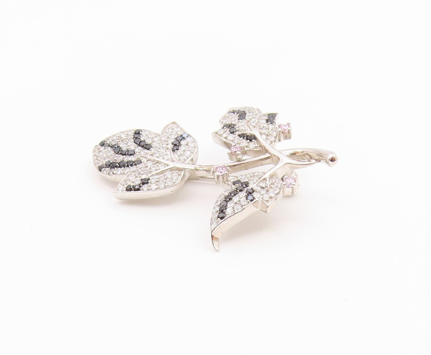 925 Silver  Vintage Cubic Zirconia & Black Spinel Floral Brooch Pin  BP8882