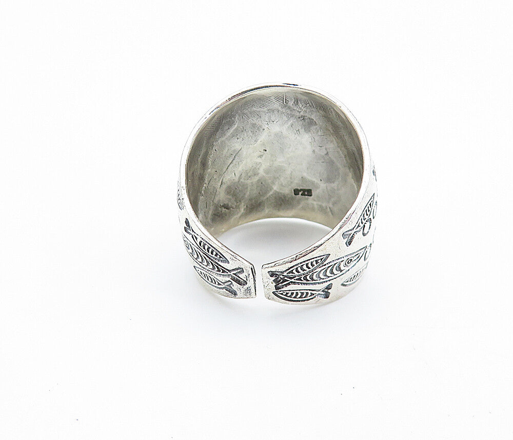 925 Sterling Silver  Shiny Etched Fish Pattern Wide Band Ring Sz 8.5  RG8085