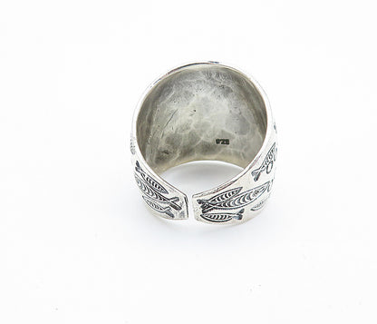 925 Sterling Silver  Shiny Etched Fish Pattern Wide Band Ring Sz 8.5  RG8085