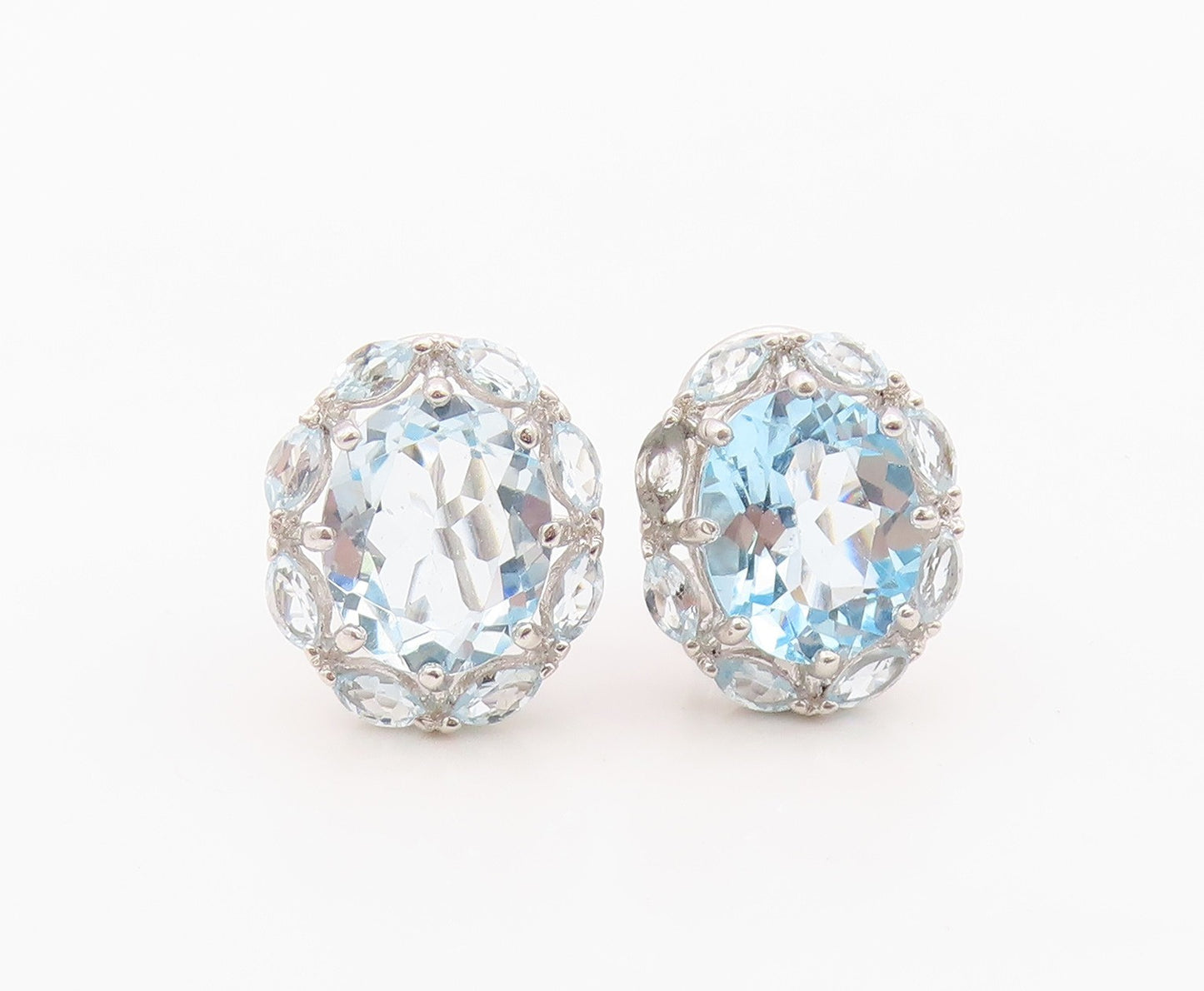 925 Sterling Silver Vintage Earrings Elegant Blue Topaz Floral Cluster  EG14362