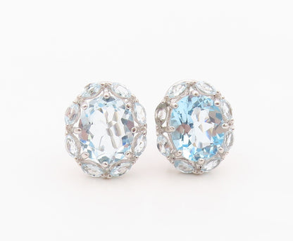925 Sterling Silver Vintage Earrings Elegant Blue Topaz Floral Cluster  EG14362