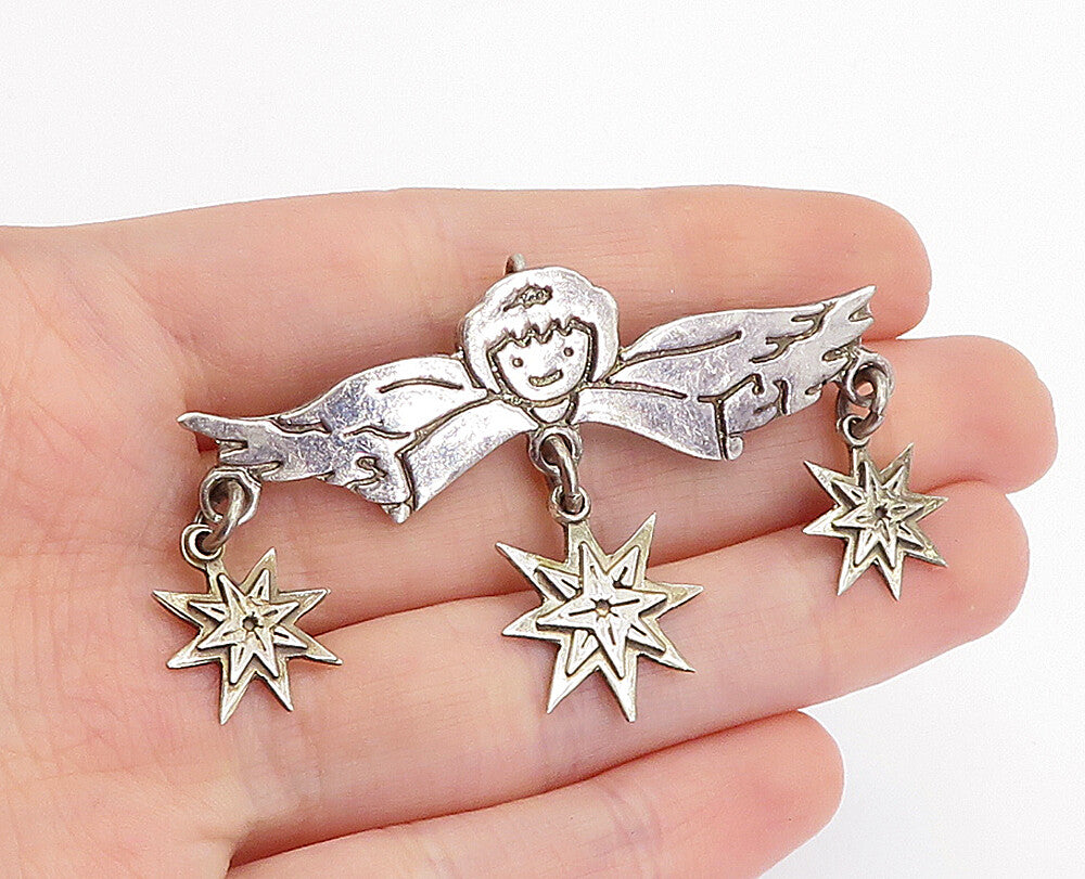 925 Sterling Silver  Vintage Etched Angel Dangling Stars Brooch Pin  BP1619