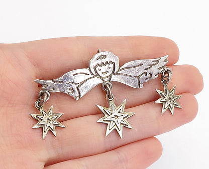 925 Sterling Silver  Vintage Etched Angel Dangling Stars Brooch Pin  BP1619