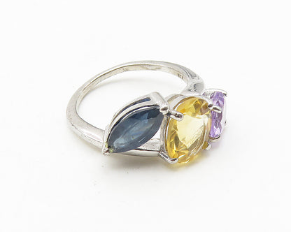 925 Sterling Silver  Amethyst Citrine & Sapphire Shiny Band Ring Sz 7  RG10549