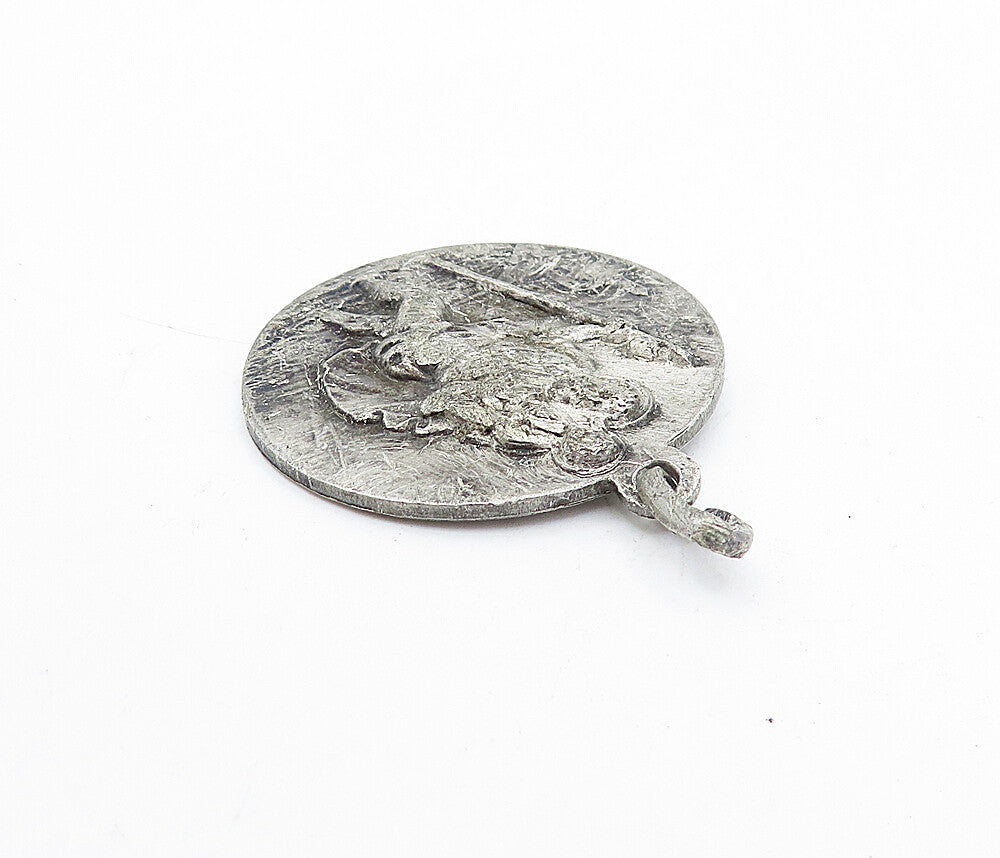 925 Sterling Silver  Vintage Antique Oxidized Saint Christopher Pendant PT3074