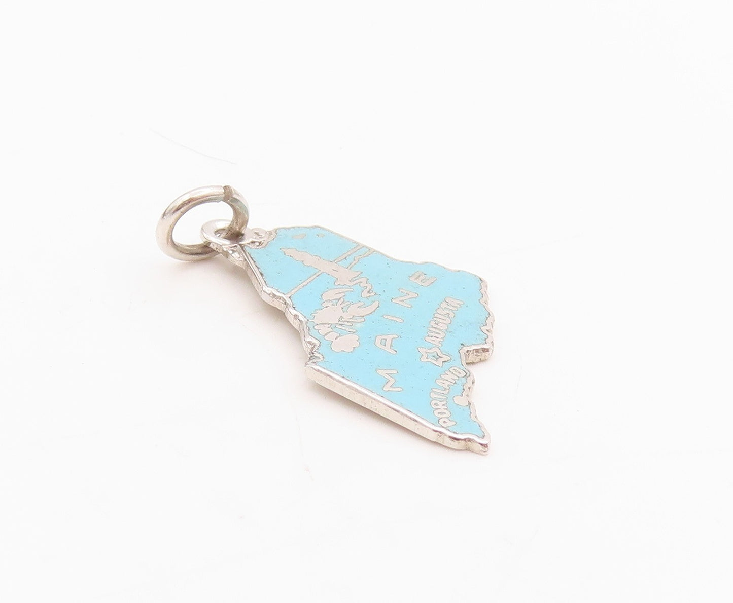 925 Sterling Silver Vintage Pendant Enameled Cutout Maine Map Charm  PT24537