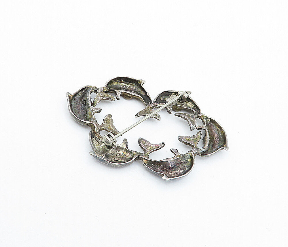 MEXICO 925 Sterling Silver  Vintage Dark Tone Dolphins Brooch Pin  BP1179