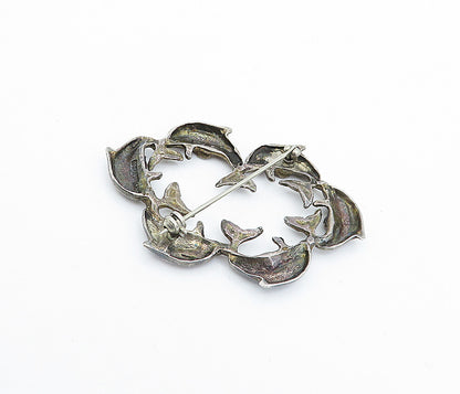 MEXICO 925 Sterling Silver  Vintage Dark Tone Dolphins Brooch Pin  BP1179