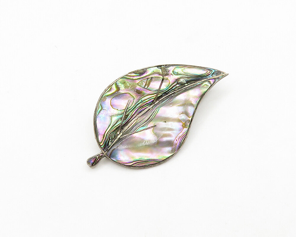 MEXICO 925 Silver  Vintage Abalone Shell Floral Leaf Motif Brooch Pin  BP7683