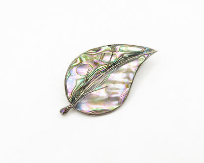 MEXICO 925 Silver  Vintage Abalone Shell Floral Leaf Motif Brooch Pin  BP7683