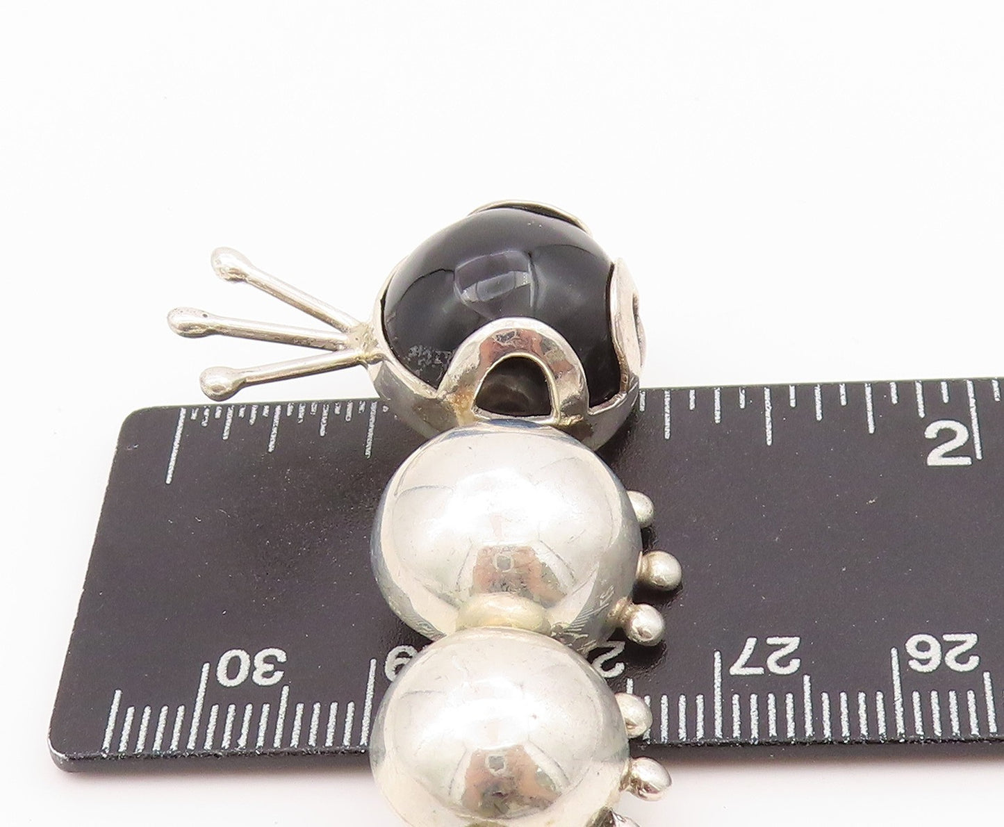 925 Sterling Silver Vintage Brooch MEXICO Onyx Headed Caterpillar  BP11656