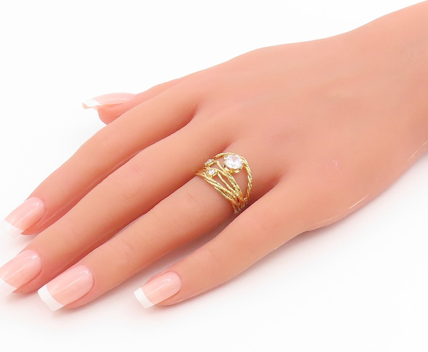 925 Sterling Silver Vintage Ring Gold Plated ISRAEL CZ Twisted Band Sz 7 RG35690
