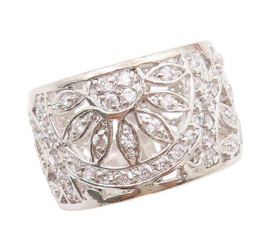 925 Sterling Silver Vintage Ring Modernist CZ Inlay Floral Design  Sz 6  RG31882