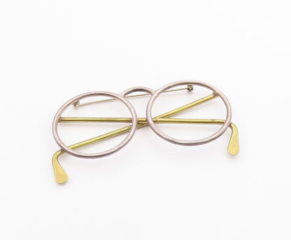 925 Sterling Silver  Vintage Two Tone Eye Glasses Motif Brooch Pin  BP8221