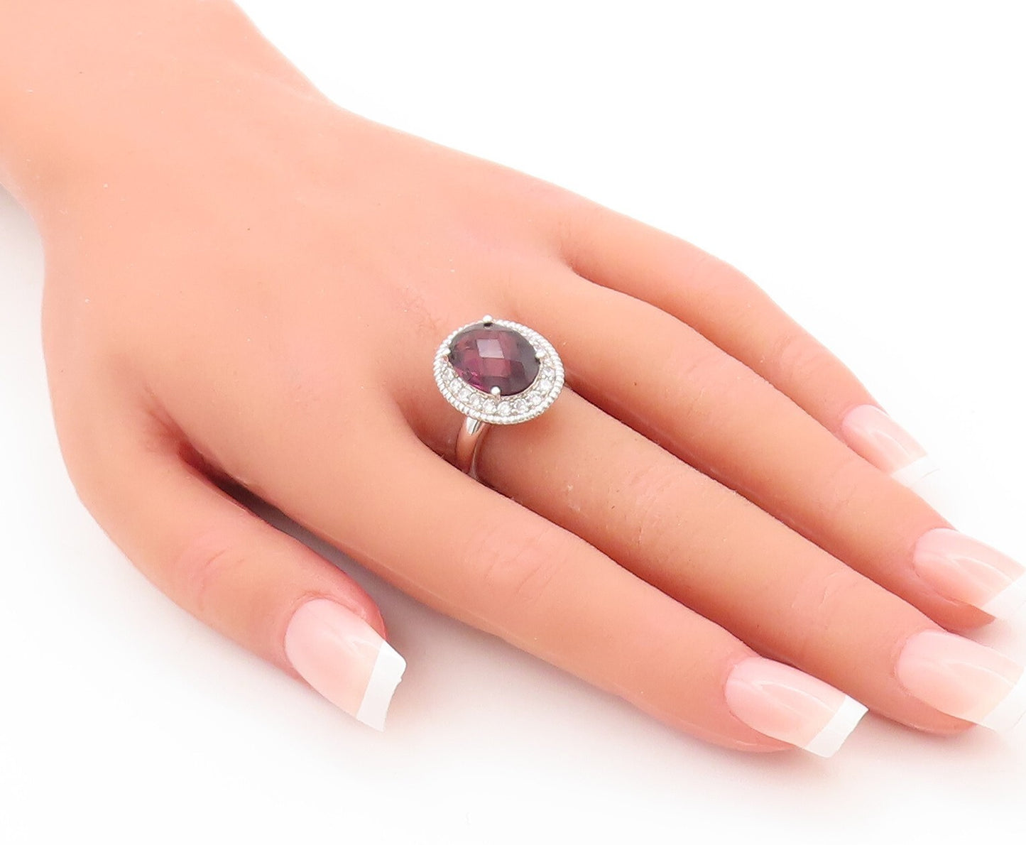 925 Sterling Silver Vintage Ring Oval Cut Amethyst Halo Topaz  Sz 7.5  RG29480