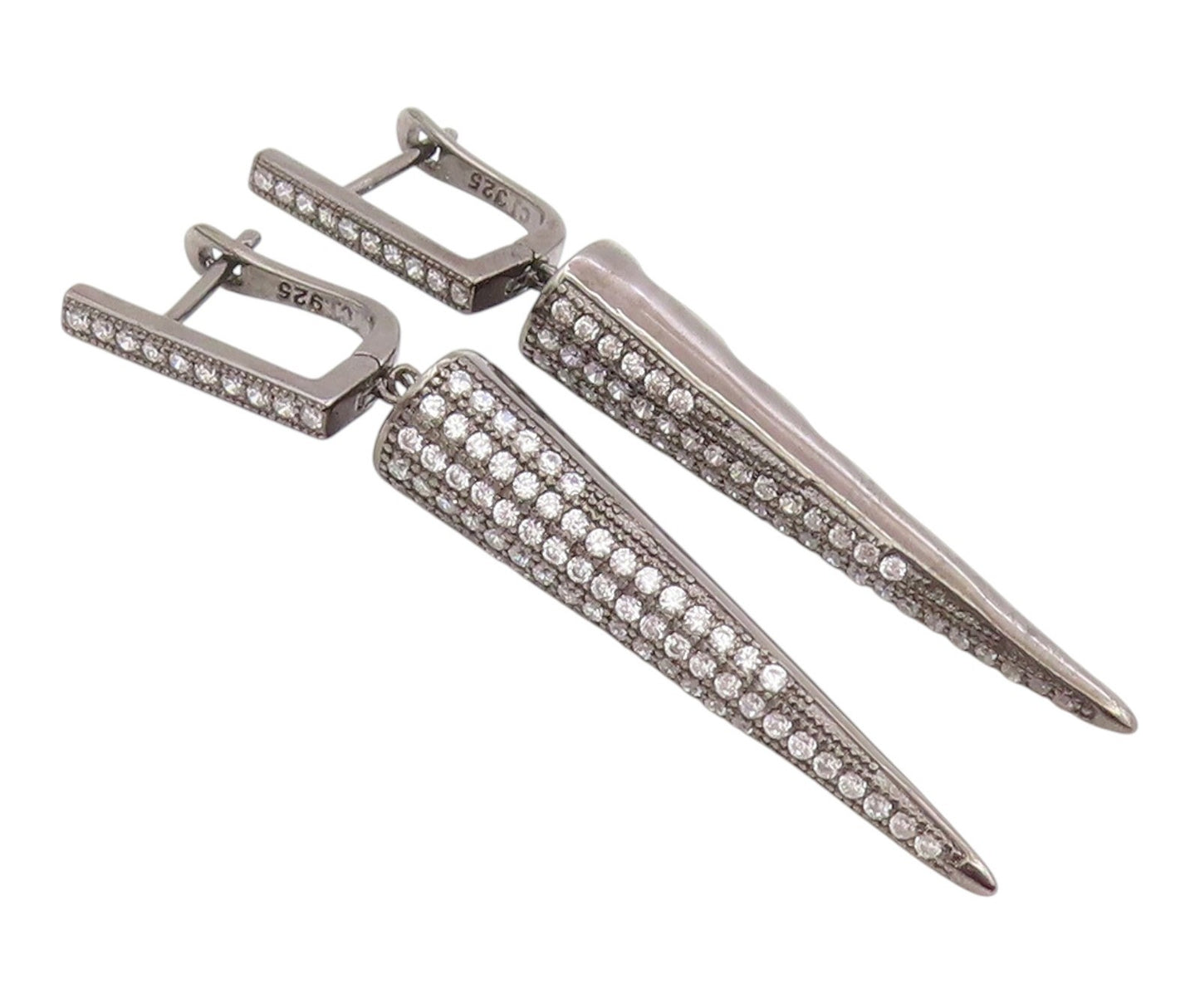 925 Sterling Silver Vintage Earrings CZ Dark Tone Geometric Cone Dangle  EG14222