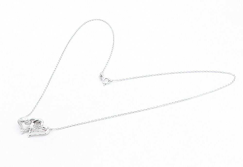 925 Sterling Silver  Genuine Diamonds Double Love Heart Chain Necklace  NE1372
