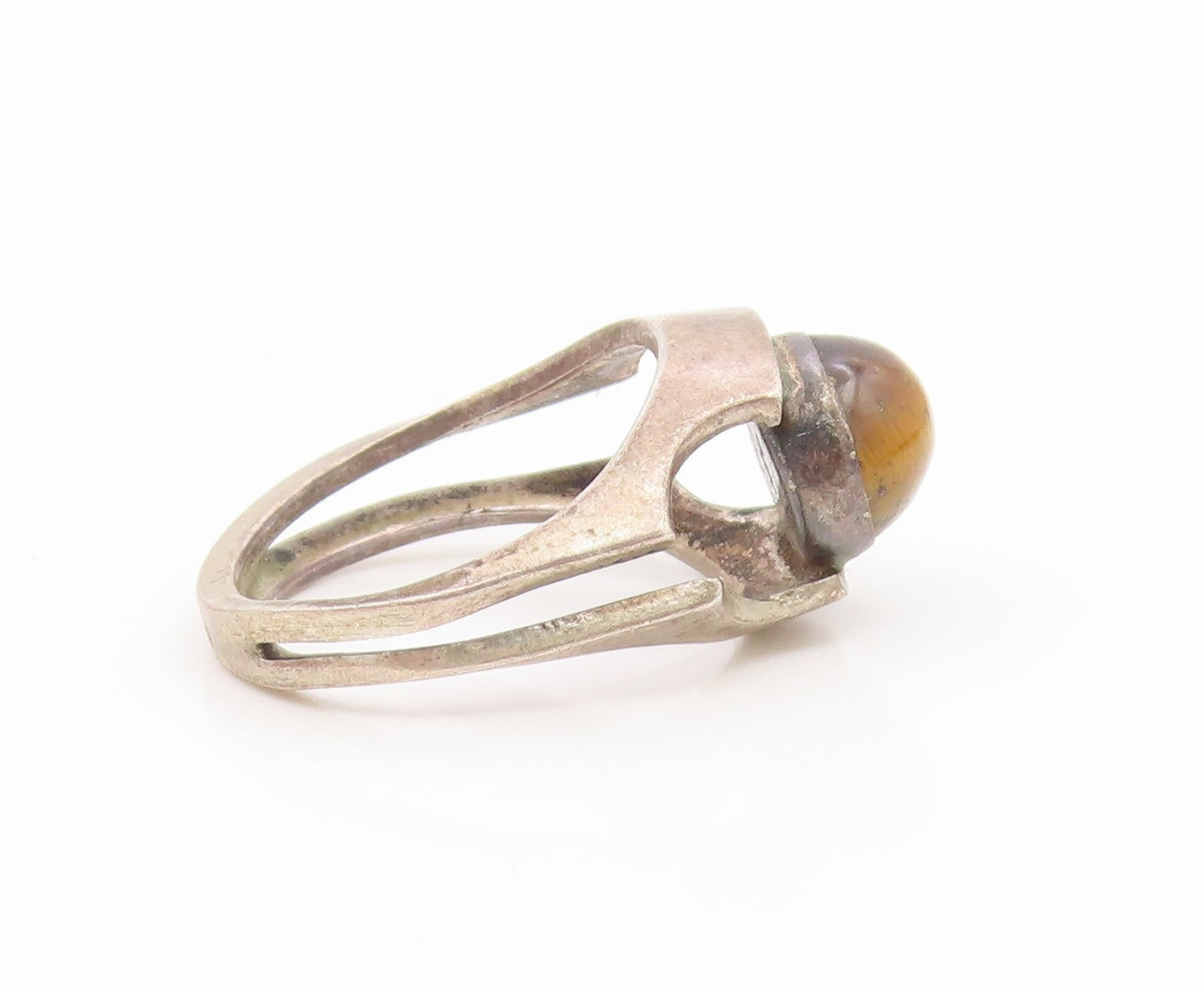 925 Sterling Silver Vintage Ring ISRAEL Tiger's Eye Modern Band  Sz 5.5  RG35174
