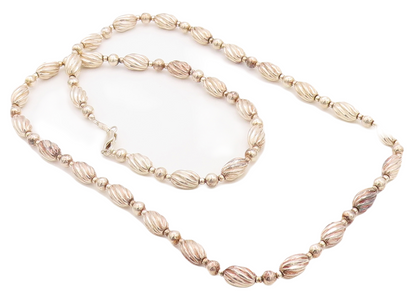 925 Sterling Silver Vintage Necklace Long Grooved Puffed Beads Chain  NE4398
