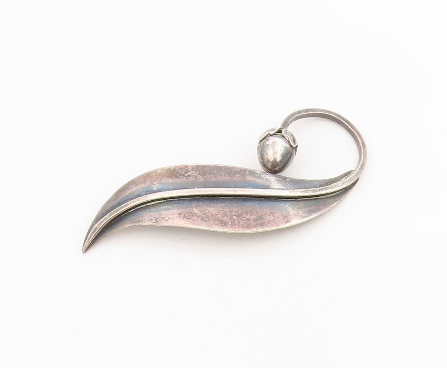 925 Sterling Silver Vintage Brooch TAXCO Curled Leaf & Budded Stem Pin  BP11957