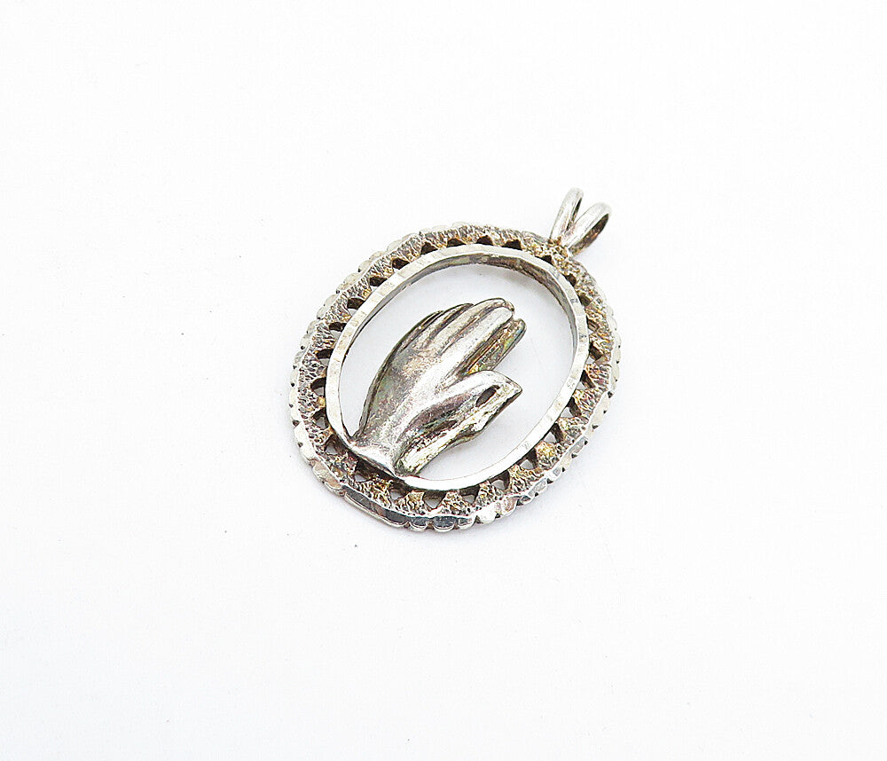 925 Sterling Silver  Vintage Prayer Hands Oval Border Drop Pendant  PT4696