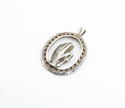 925 Sterling Silver  Vintage Prayer Hands Oval Border Drop Pendant  PT4696