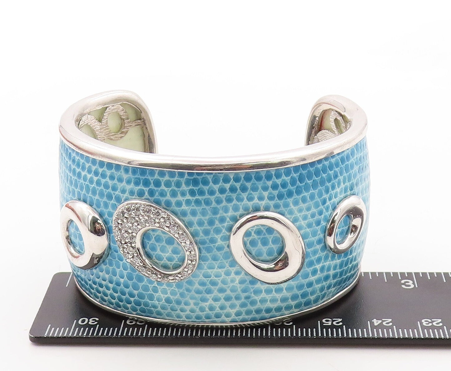 925 Sterling Silver Vintage Bracelet Enameled CZ Inlay Ovals Cuff BT10909