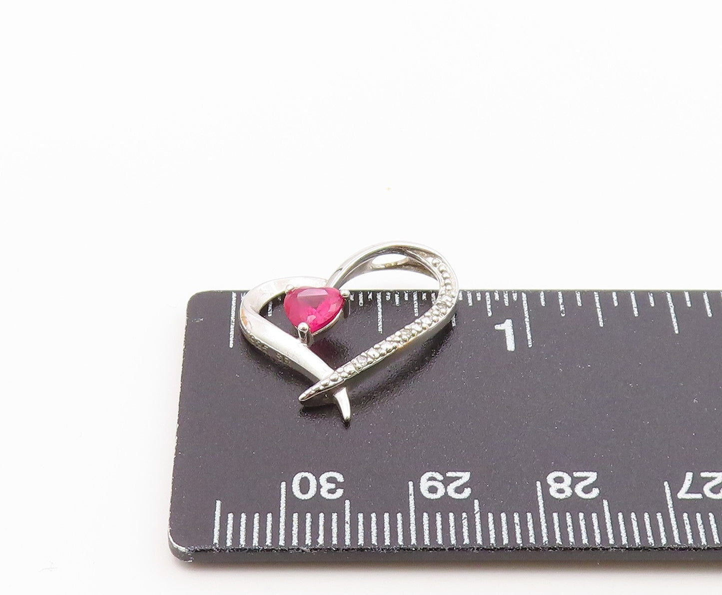 925 Silver  Vintage Genuine Diamond & Pink Topaz Love Heart Pendant  PT18993
