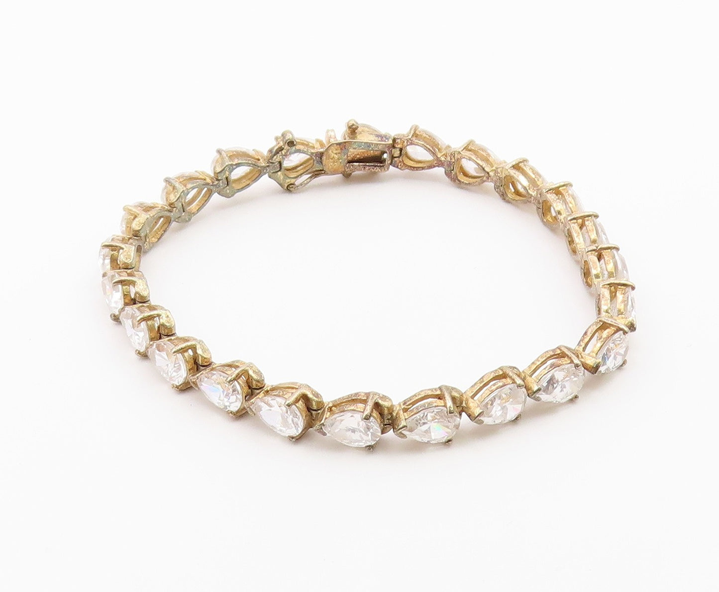 925 Sterling Silver  Vintage Tear Drop Cubic Zirconia Chain Bracelet  BT7978