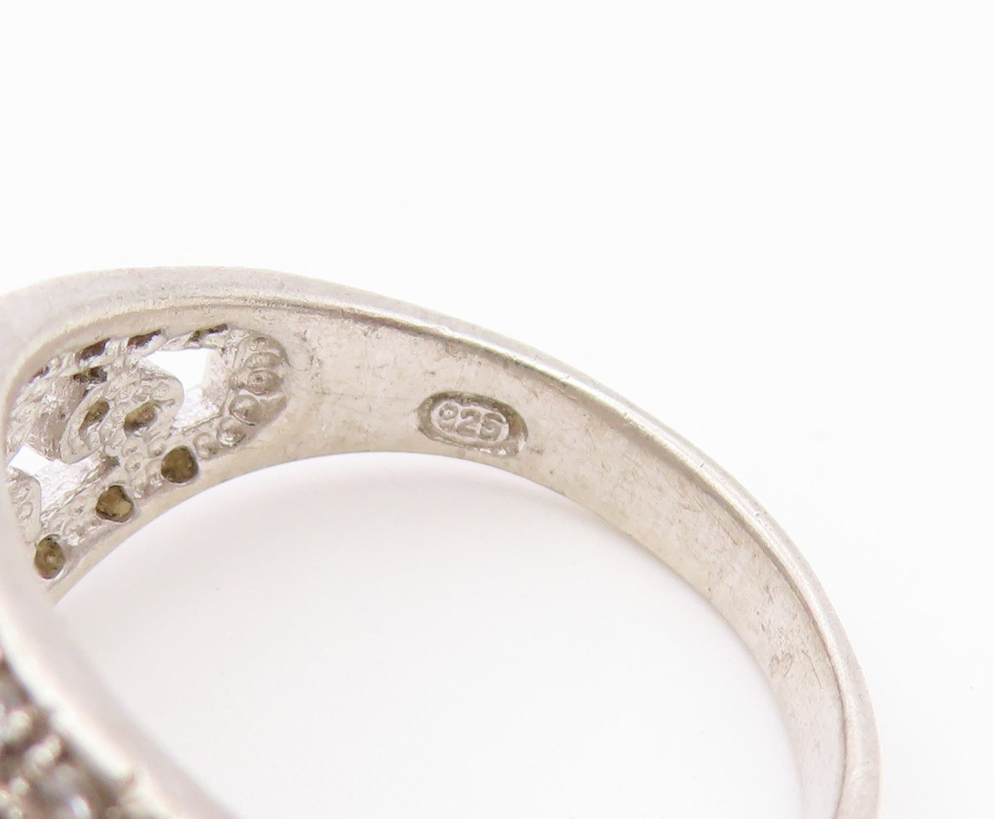 925 Sterling Silver Vintage Ring CZ Open Floral Statement Band  Sz 8  RG36885