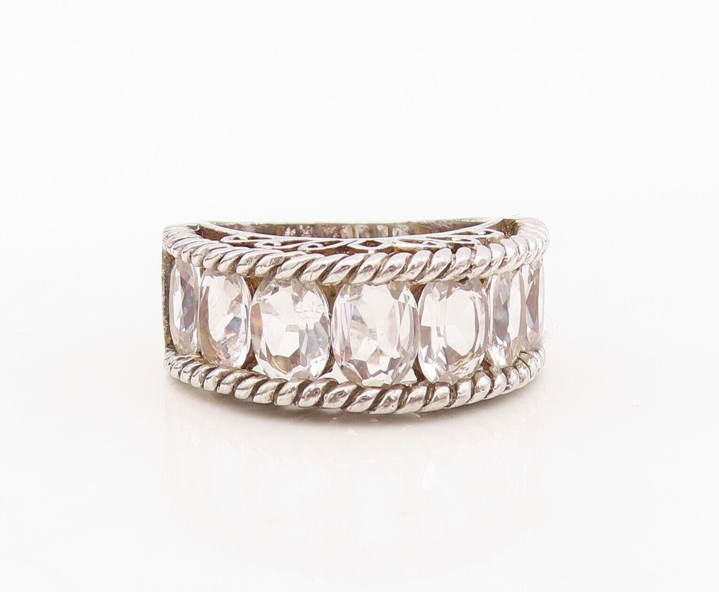 925 Sterling Silver Vintage Ring Rope Carved Oval Topaz band  Sz 8  RG29964