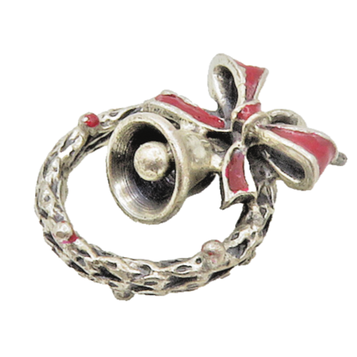 925 Sterling Silver  Vintage Enamel Ribbon Bow Wreath & Bell Pendant  PT13519